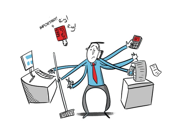 drawing of man in blue shirt and red tie with 6 arms attempting to perform many tasks at once